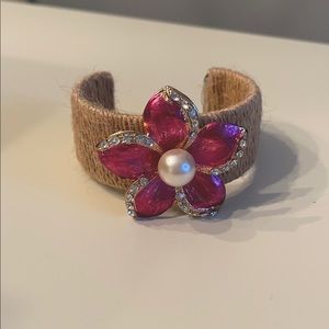 Boutique jute wrapped pink flower cuff bracelet